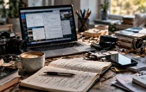 Arbejdsbord med computer, notesbog og kaffe – illustration til artikel om ADHD hos voksne